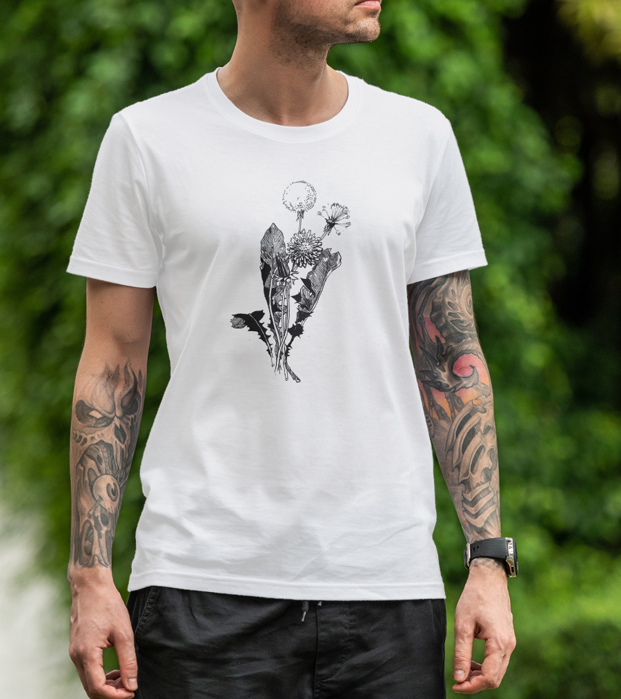 Dandelion Botanical Drawing Gardener Dande Black And White Sketch T-Shirt