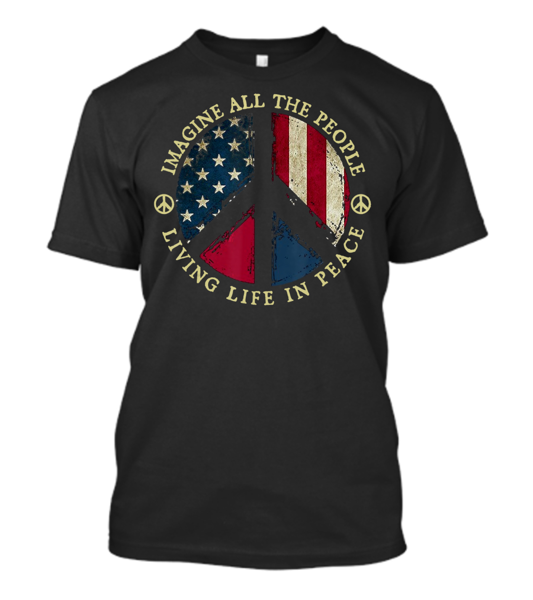 Imagine All The People Living Life In Peace American Flag Peace Sign T-Shirt