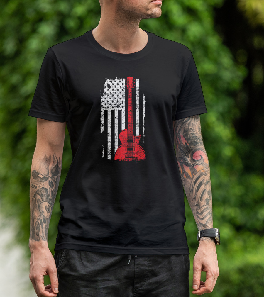 USA Flag Red Guitar America Guitarist Music T-Shirt