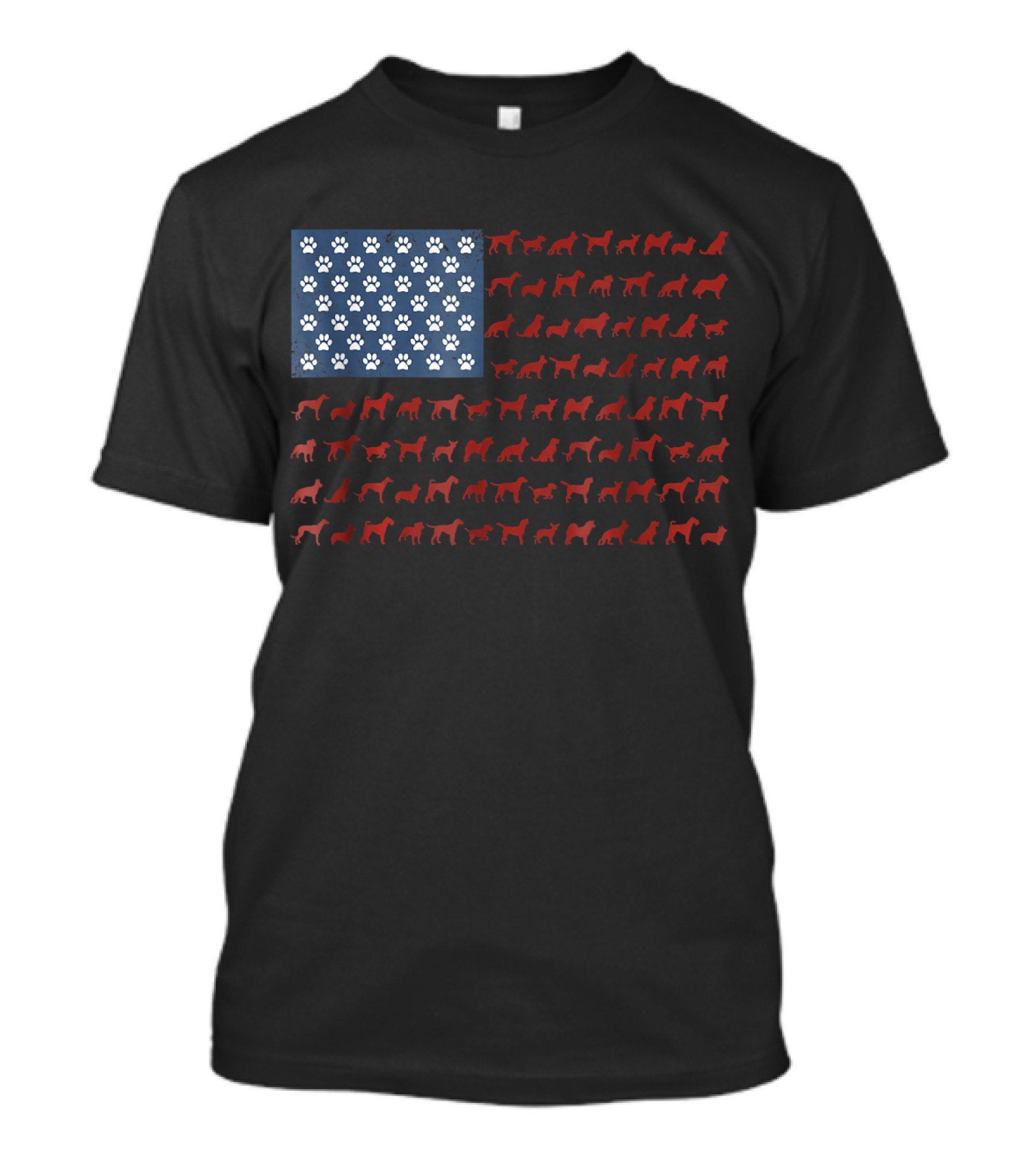 American Flag With Dog Silhouettes And Paw Prints For 4th Of July T-Shirt
