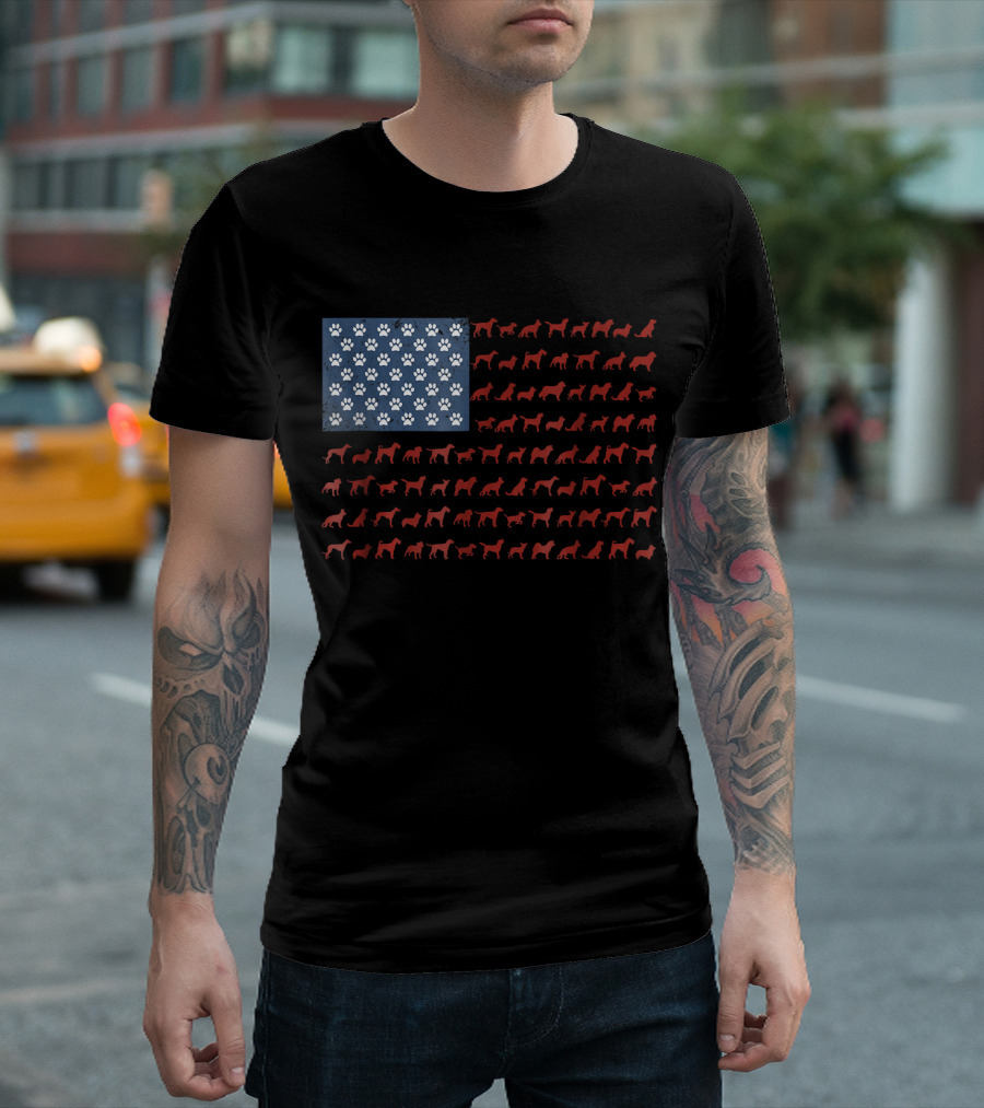 American Flag With Dog Silhouettes And Paw Prints For 4th Of July T-Shirt