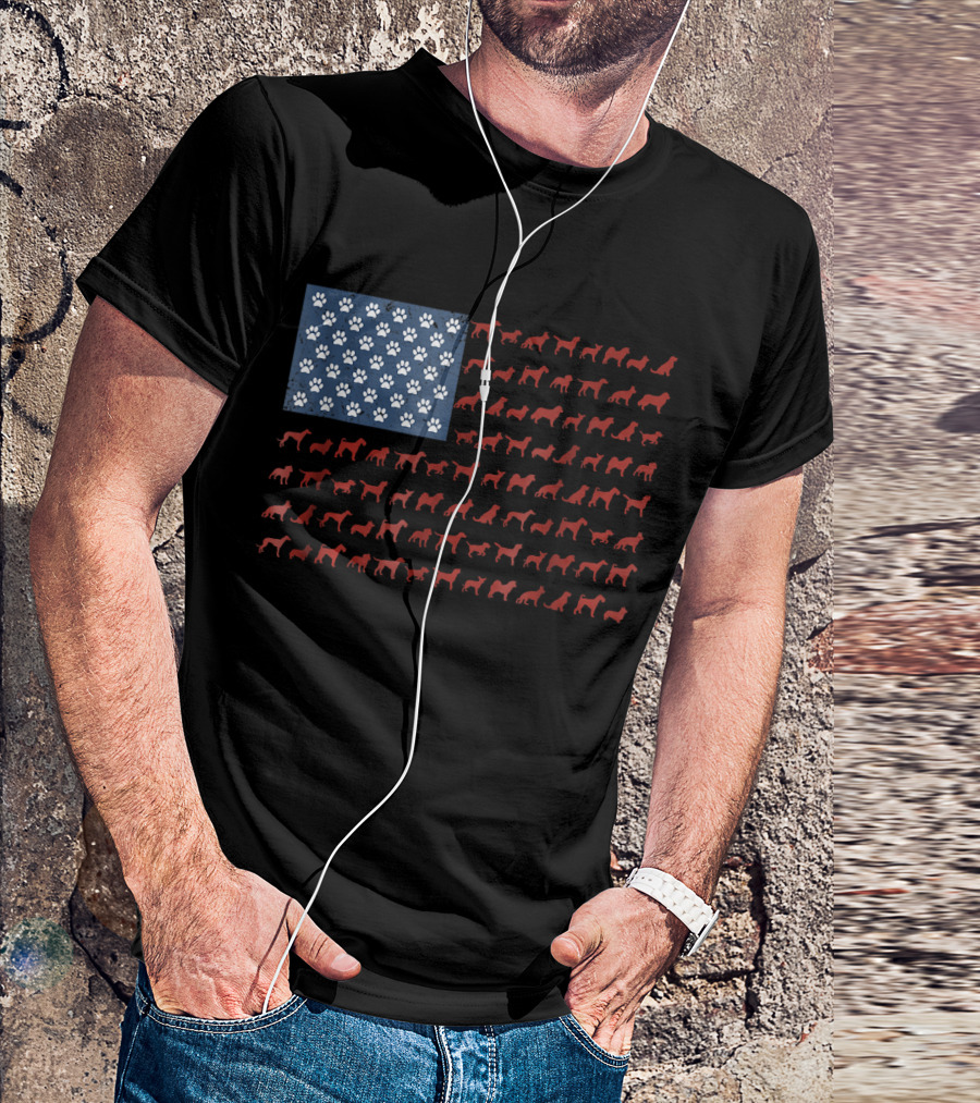 American Flag With Dog Silhouettes And Paw Prints For 4th Of July T-Shirt