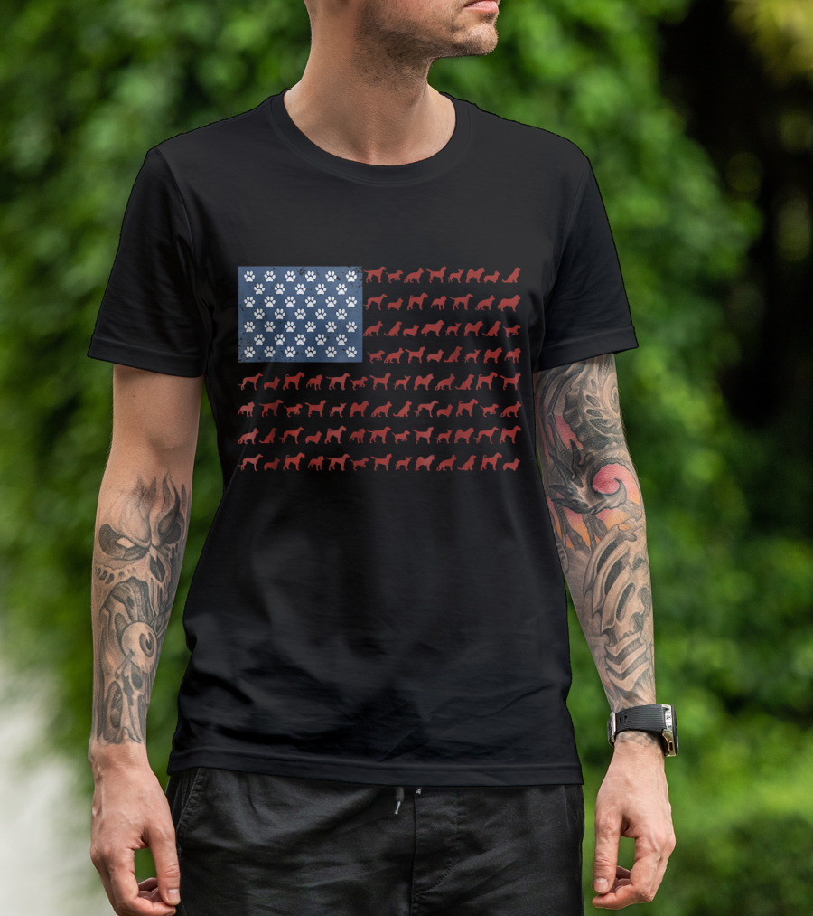 American Flag With Dog Silhouettes And Paw Prints For 4th Of July T-Shirt