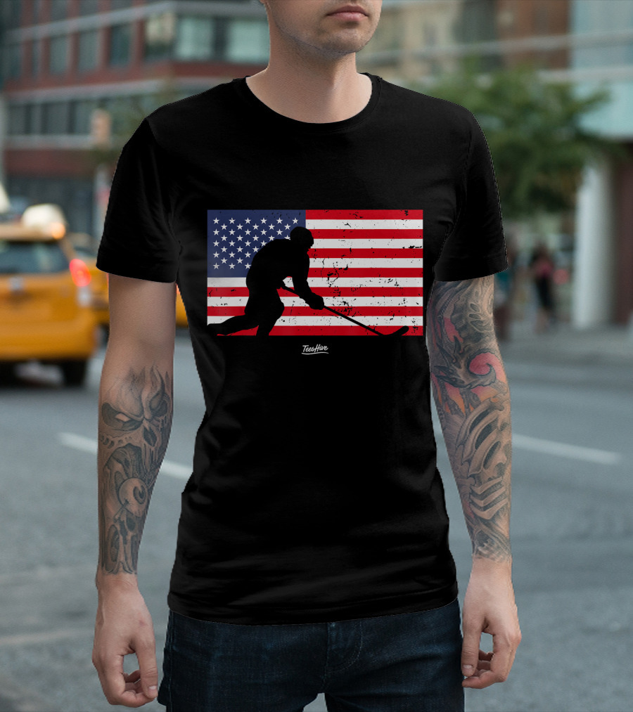 American Flag Hockey Player Stick TeeHive T-Shirt