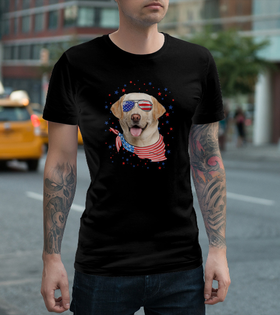 Patriotic American Flag Labrador with Sunglasses and Scarf Surrounded by Stars T-Shirt