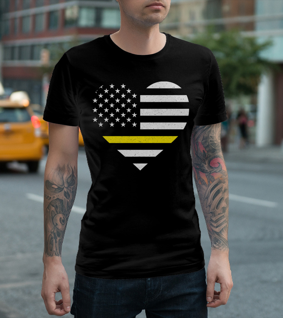 American Flag Thin Gold Line Heart 911 Dispatcher T-Shirt
