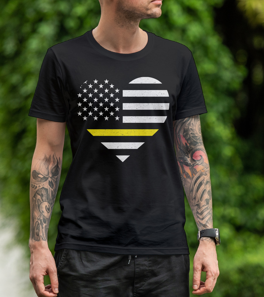 American Flag Thin Gold Line Heart 911 Dispatcher T-Shirt