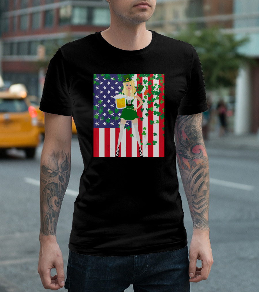 American Irish Flag St Patrick's Day Leprechaun Girl with Beer and Shamrocks T-Shirt
