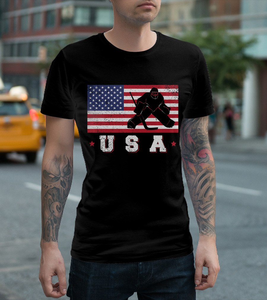 USA Hockey Goalie with American Flag Background T-Shirt