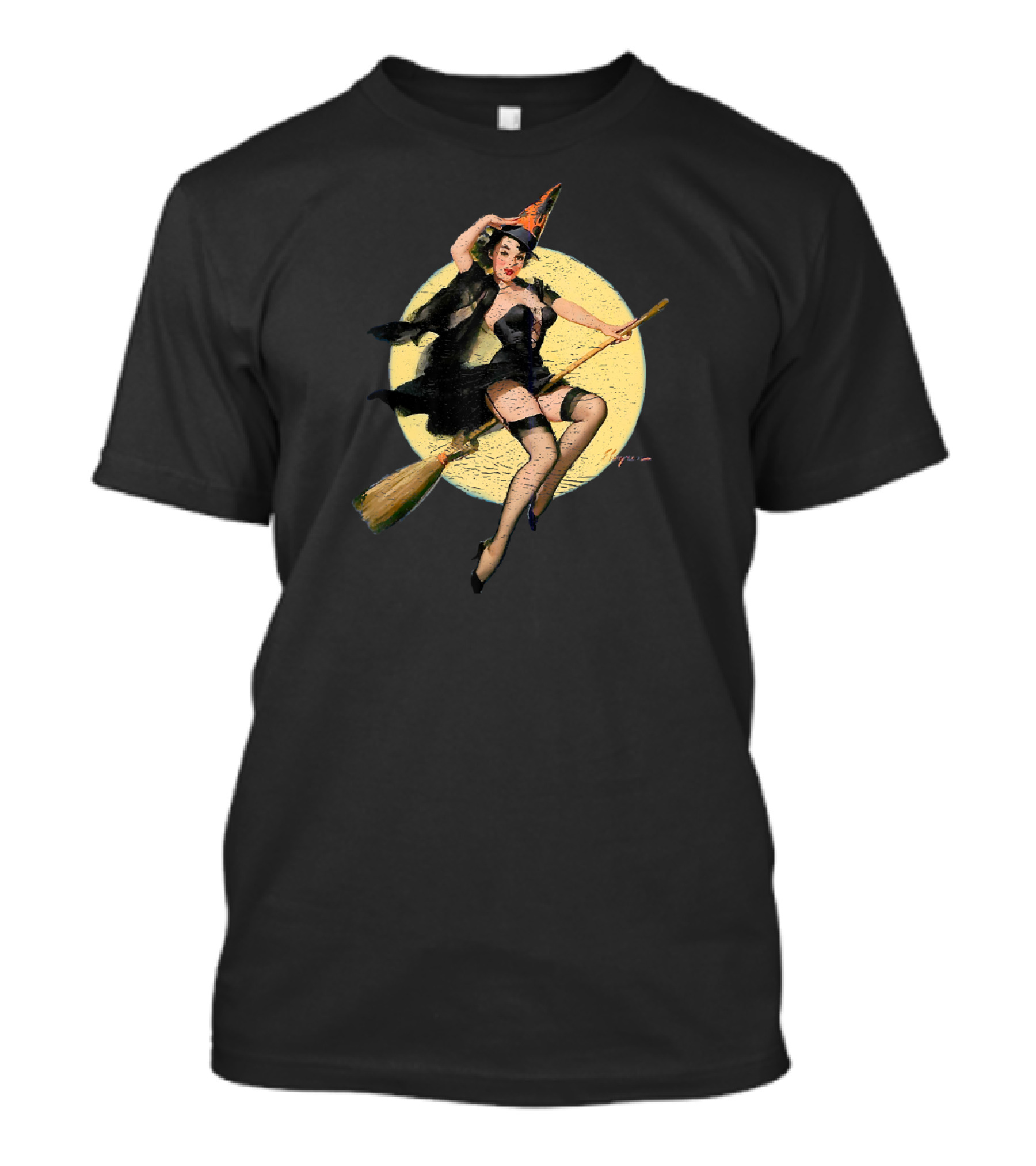Vintage Pin Up Witch On Broomstick With Full Moon Background T-Shirt