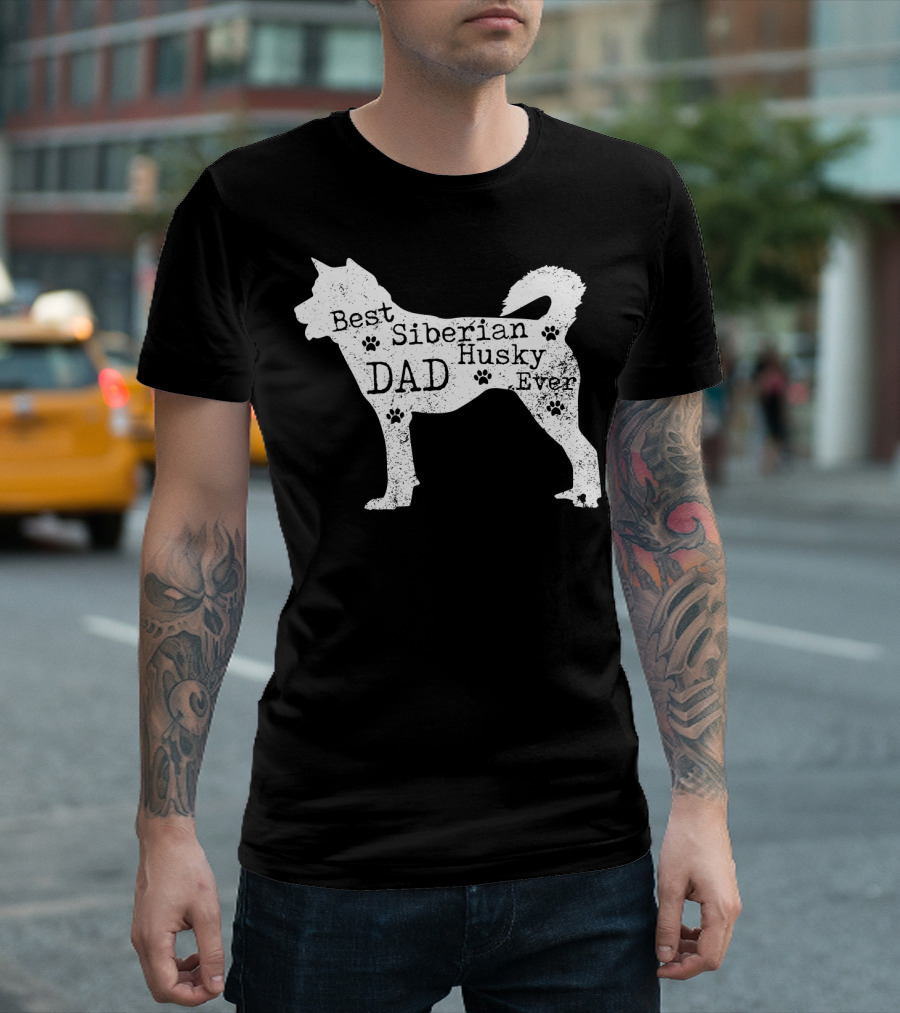 Best Siberian Husky Dad Ever Dog Silhouette with Paw Prints T-Shirt
