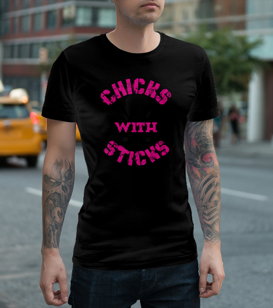 Chicks With Sticks Ice Hockey Helmet and Crossed Sticks T-Shirt