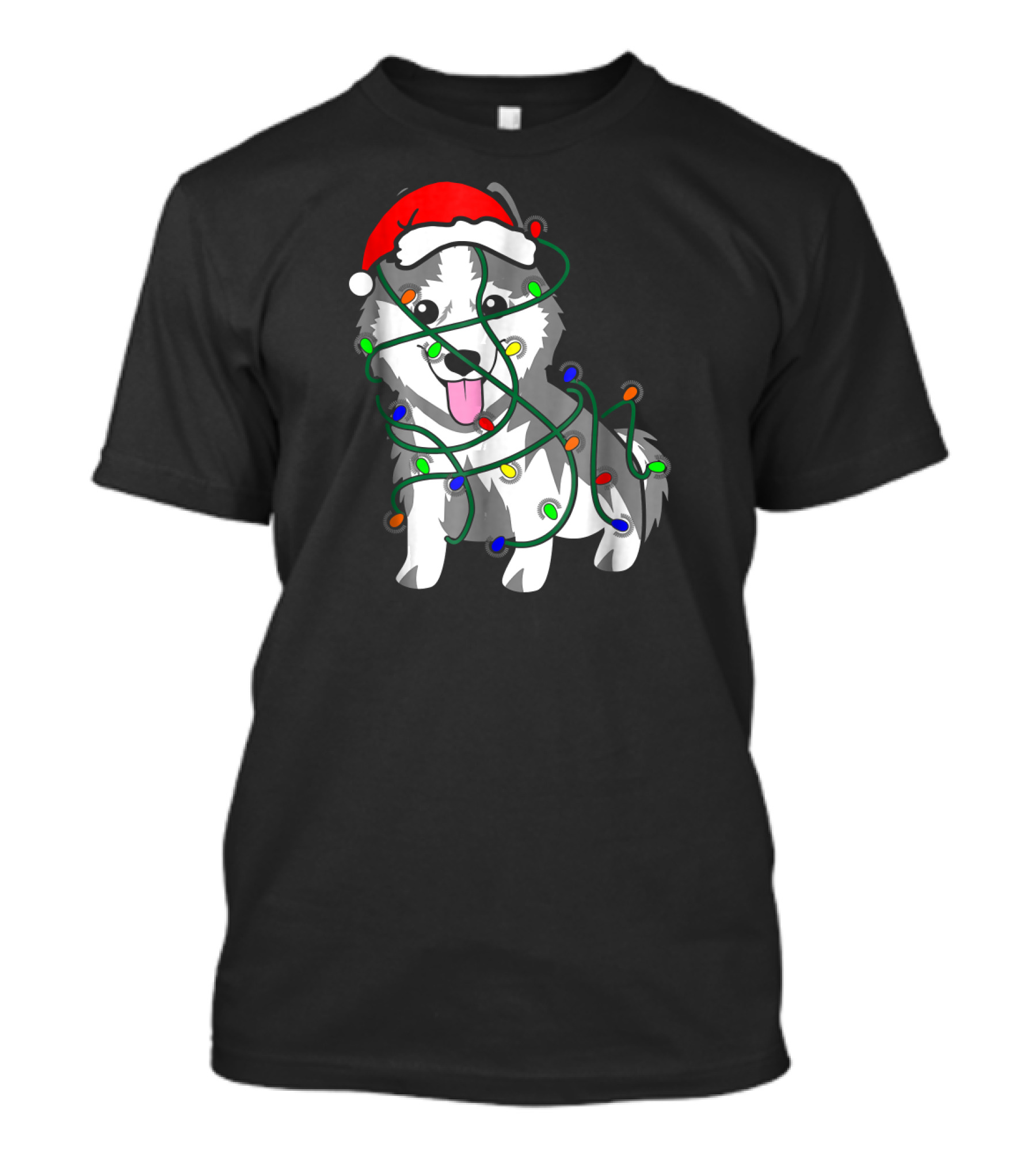 Christmas Lights Decoration Funny Husky Santa Hat T-Shirt