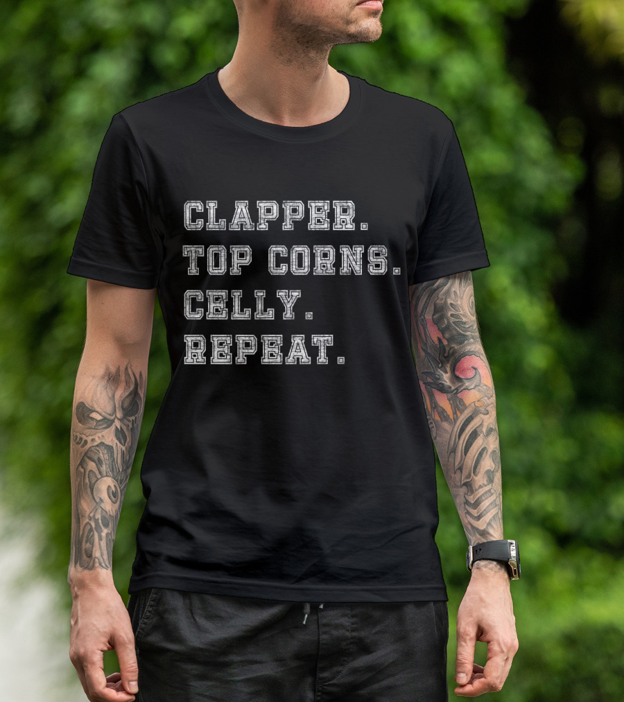 Clapper Top Corns Celly Repeat Text Block T-Shirt