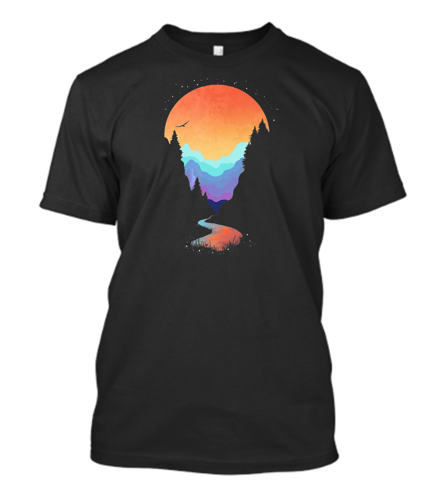 Colorful Mountains Geometry Outdoor Sunset Scene With River And Forest T-Shirt
