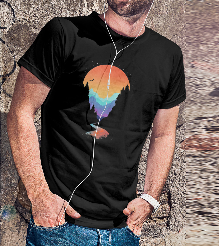 Colorful Mountains Geometry Outdoor Sunset Scene With River And Forest T-Shirt