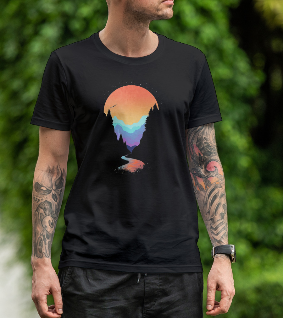 Colorful Mountains Geometry Outdoor Sunset Scene With River And Forest T-Shirt