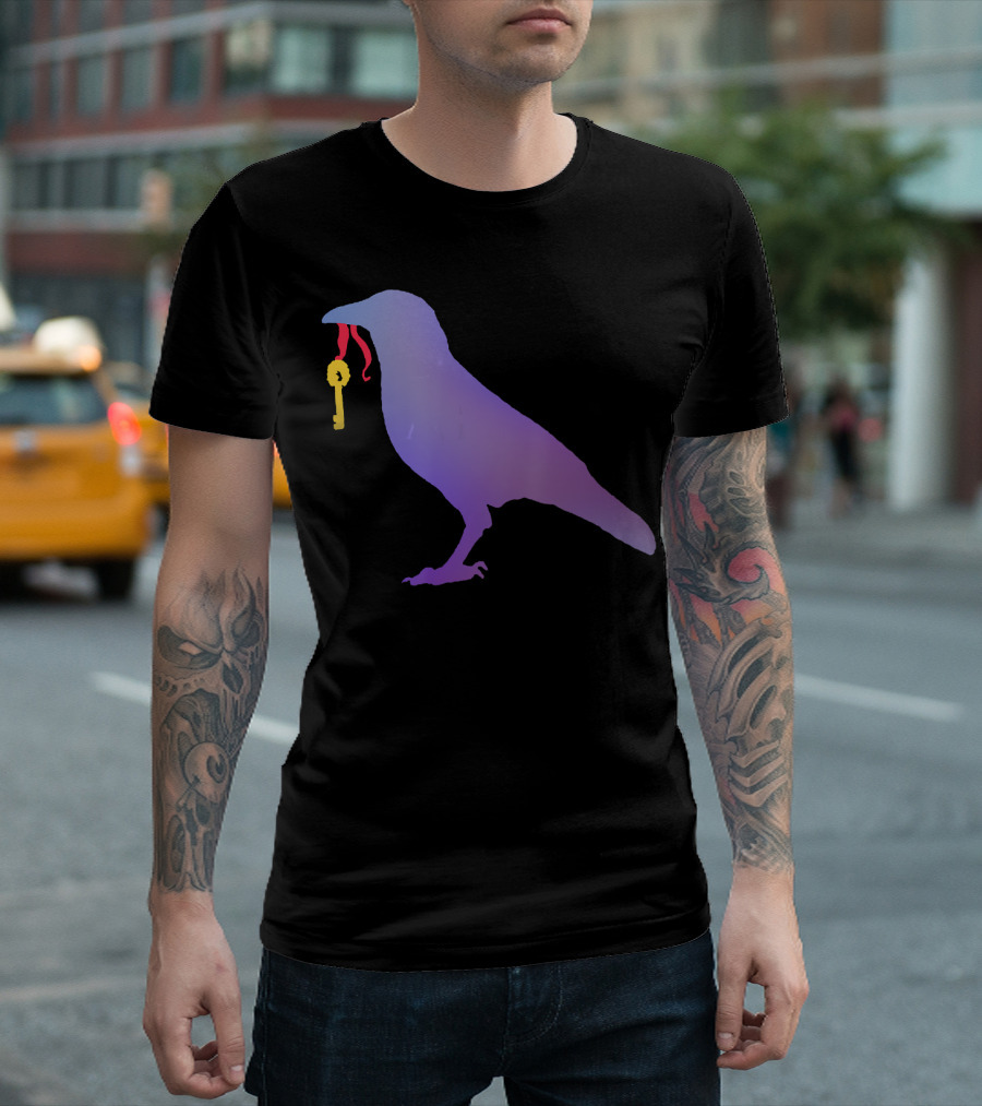 Crow Raven with Gold Key in Beak T-Shirt