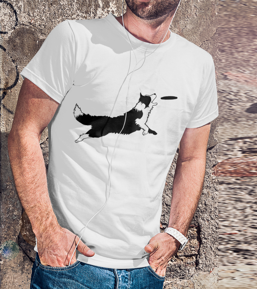 Dog Fetch Frisbee Border Collie Silhouette Playful Leap T-Shirt