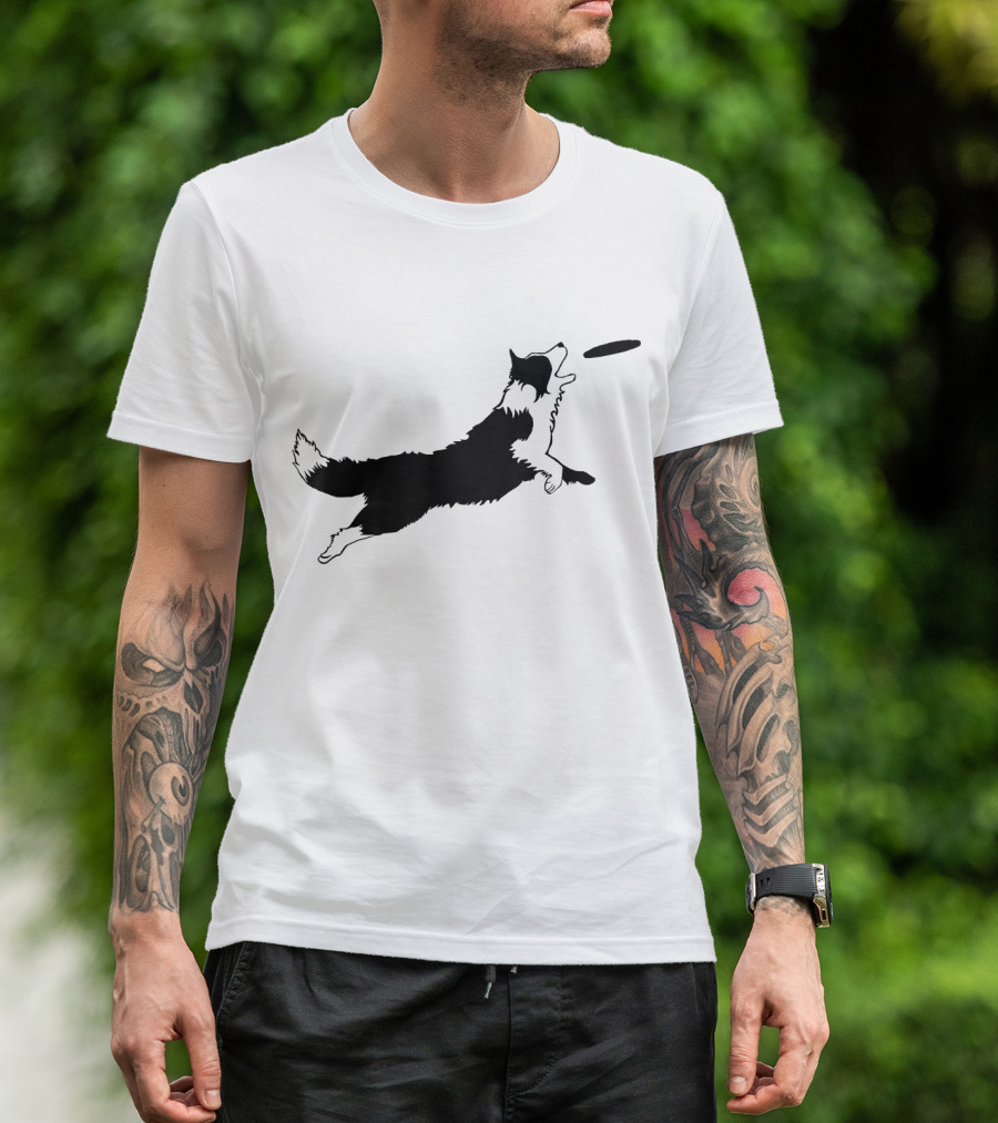 Dog Fetch Frisbee Border Collie Silhouette Playful Leap T-Shirt