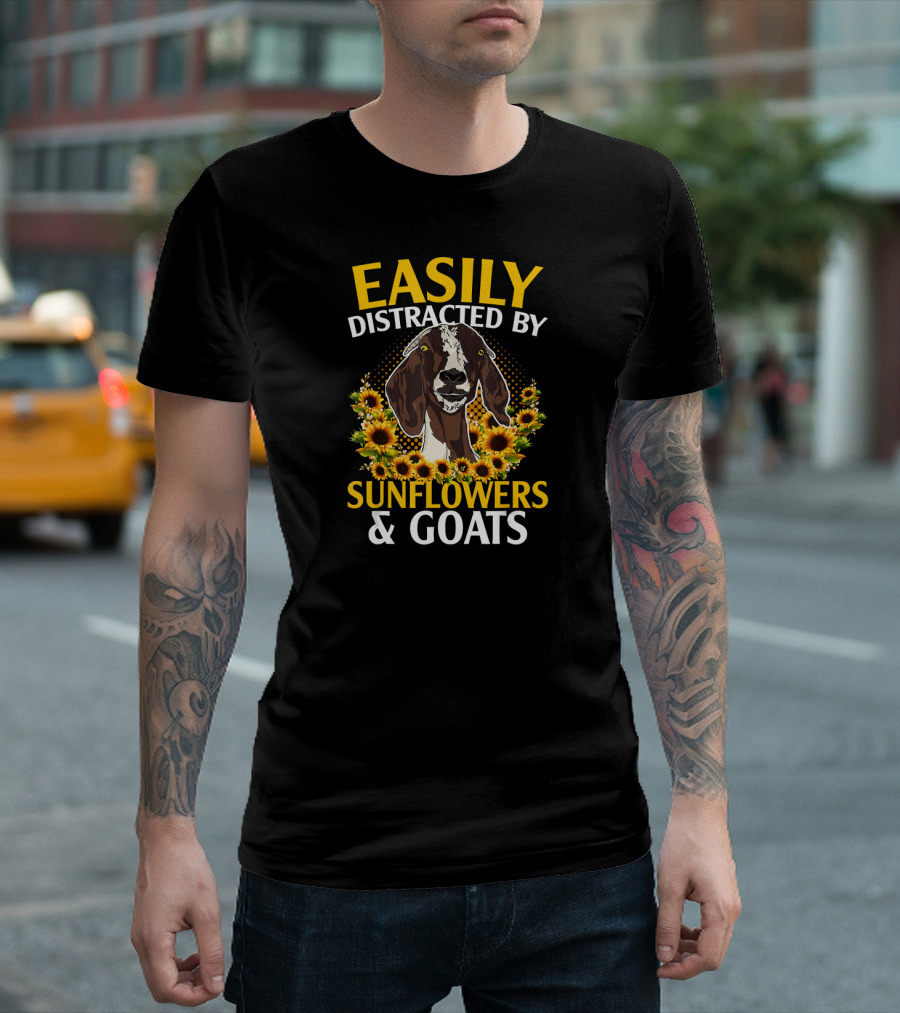 Easily Distracted By Sunflowers And Goats Amidst Floral Background T-Shirt