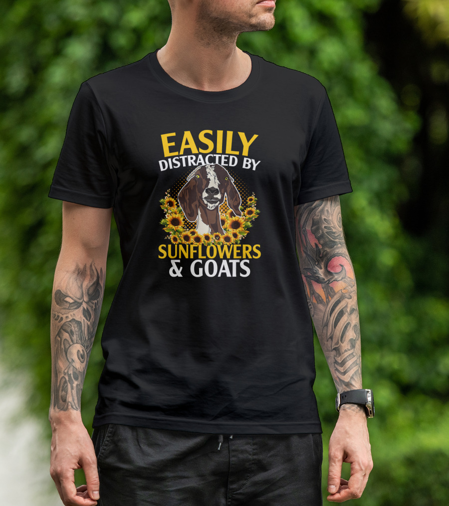 Easily Distracted By Sunflowers And Goats Amidst Floral Background T-Shirt