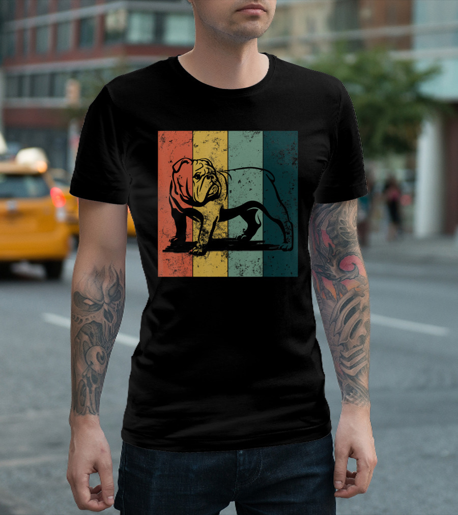 Vintage English Bulldog Colorful Retro Stripes T-Shirt