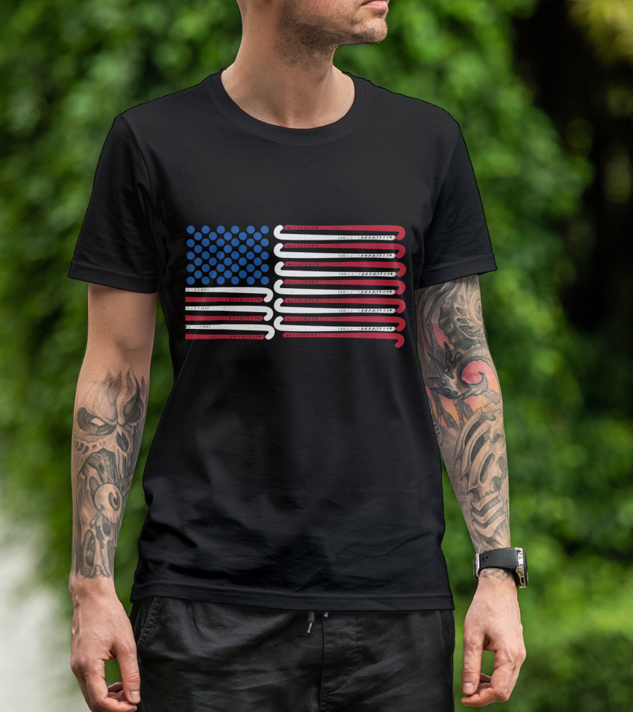 Field Hockey Sticks American Flag With Blue Circles T-Shirt