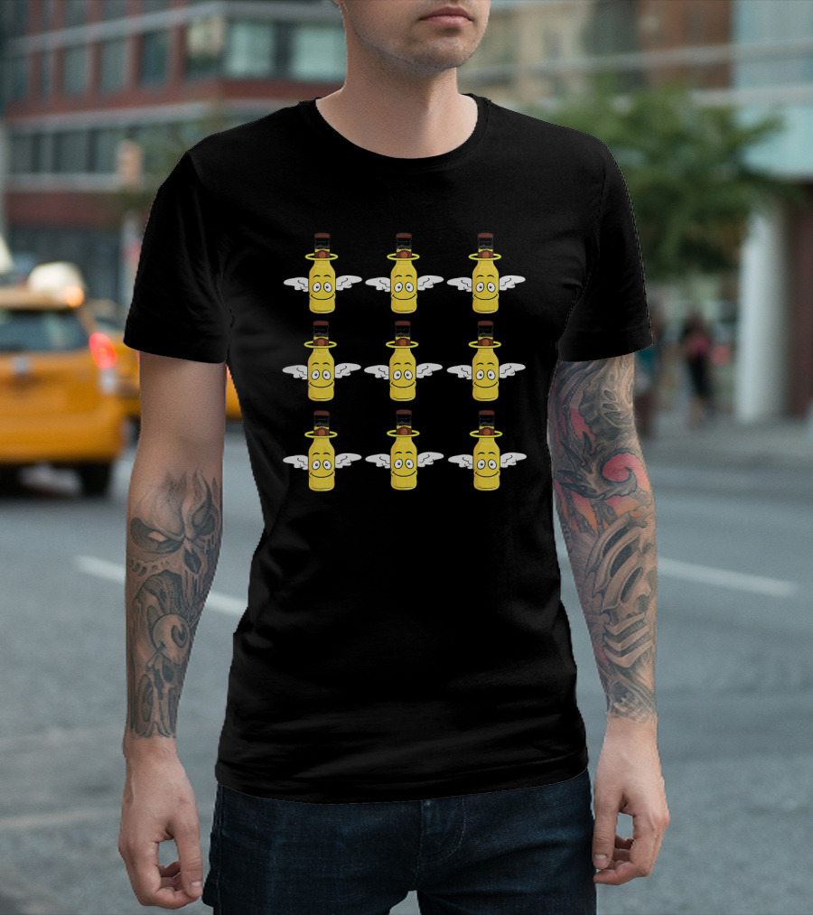 Flying Bottles Funny Smiling Faces With Wings And Halos T-Shirt