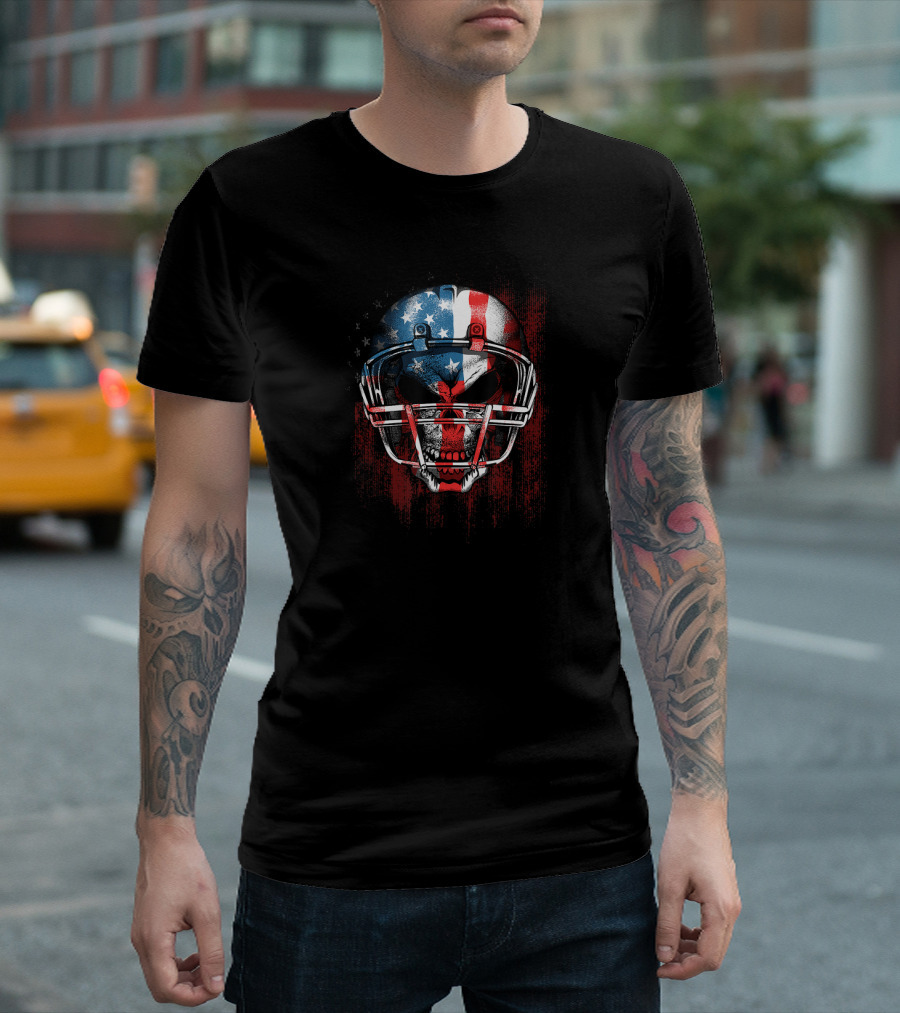 Football Skull USA American Flag Patriotic Helmet T-Shirt