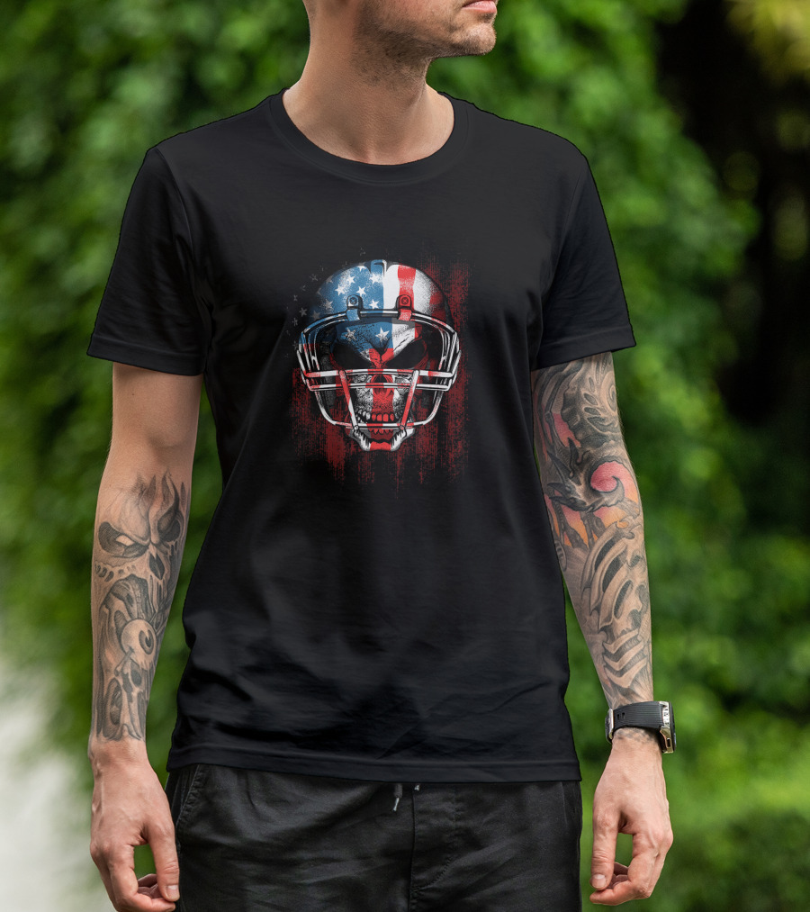 Football Skull USA American Flag Patriotic Helmet T-Shirt