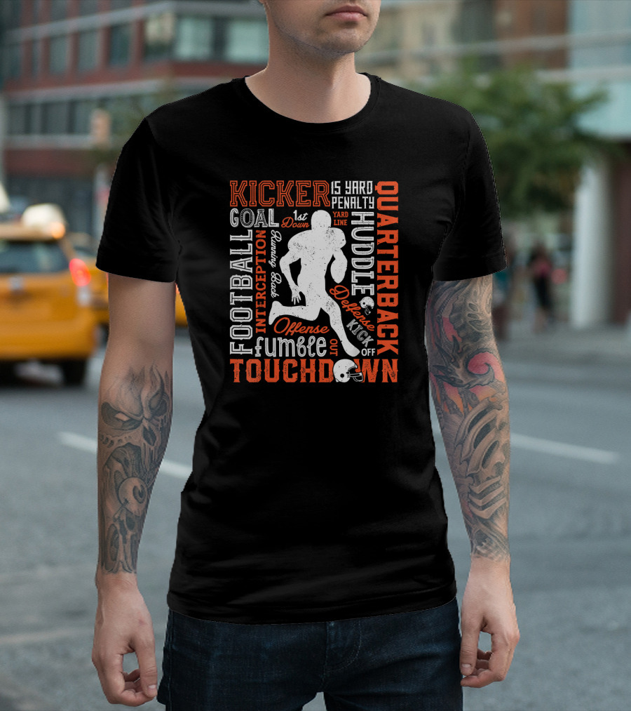 Football Quarterback Touchdown Typography Silhouette Icons T-Shirt