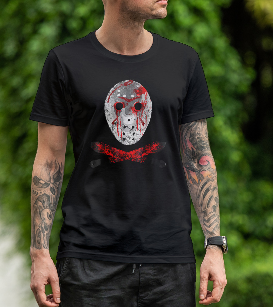 Friday 13TH Jason Mask Bloody Machete Horror Iconic T-Shirt