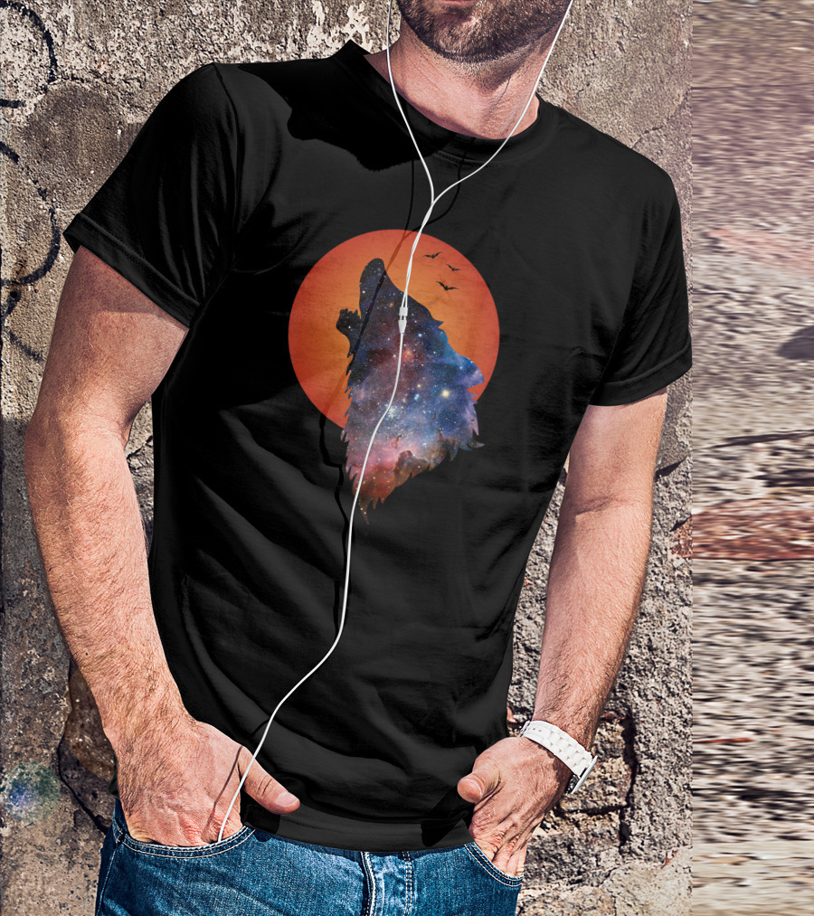 Galaxy Howling Wolf Full Moon Horror T-Shirt