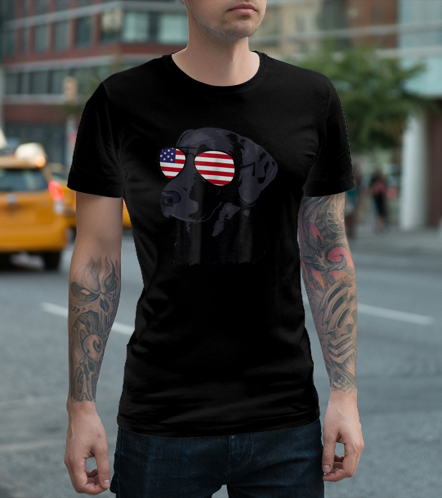 Funny Black Lab American Flag Sunglasses Dog T-Shirt