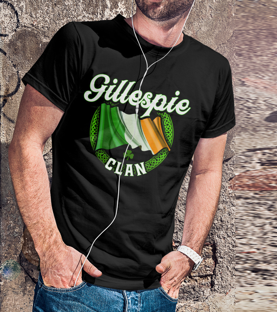 Gillespie Irish Clan Surname With Celtic Flag And Shamrock T-Shirt