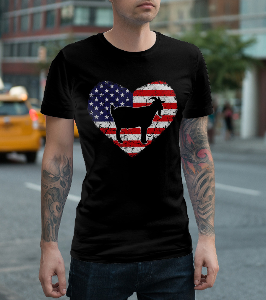 Goat Silhouette Over Vintage American Flag Heart T-Shirt