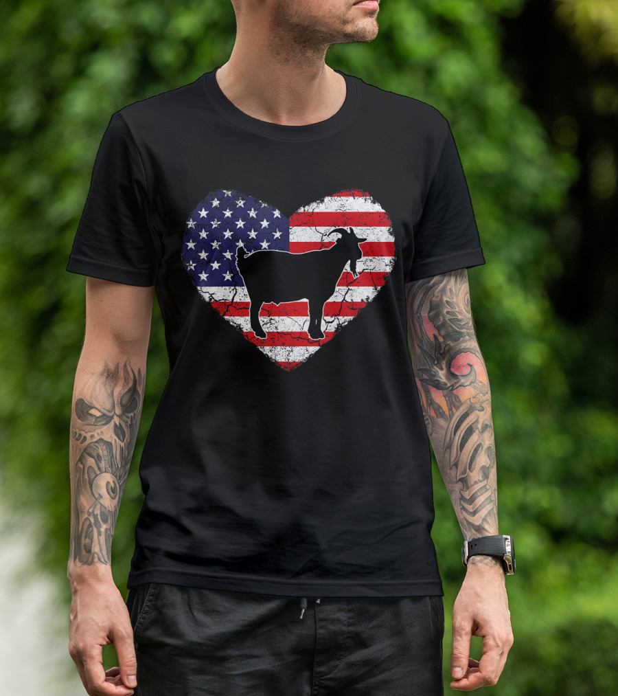 Goat Silhouette Over Vintage American Flag Heart T-Shirt