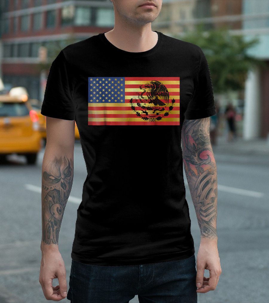 Golden Mexican And American Flag Fusion With Eagle Emblem T-Shirt
