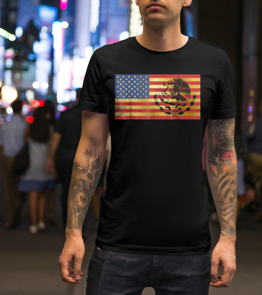 Golden Mexican And American Flag Fusion With Eagle Emblem T-Shirt