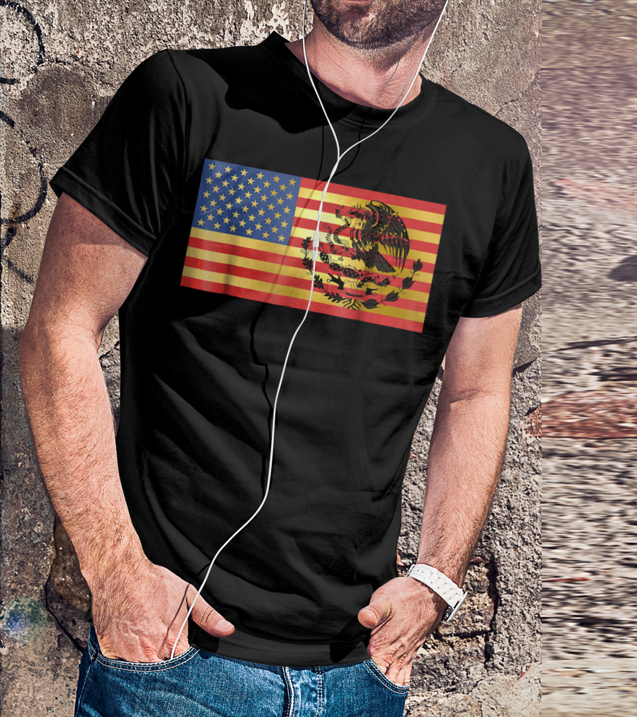 Golden Mexican And American Flag Fusion With Eagle Emblem T-Shirt