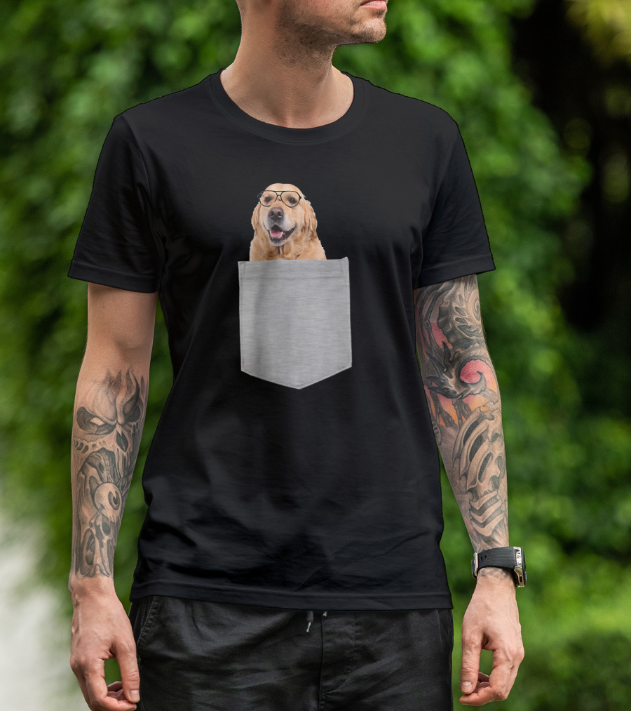 Golden Labrador Retriever Dog With Glasses In Pocket T-Shirt