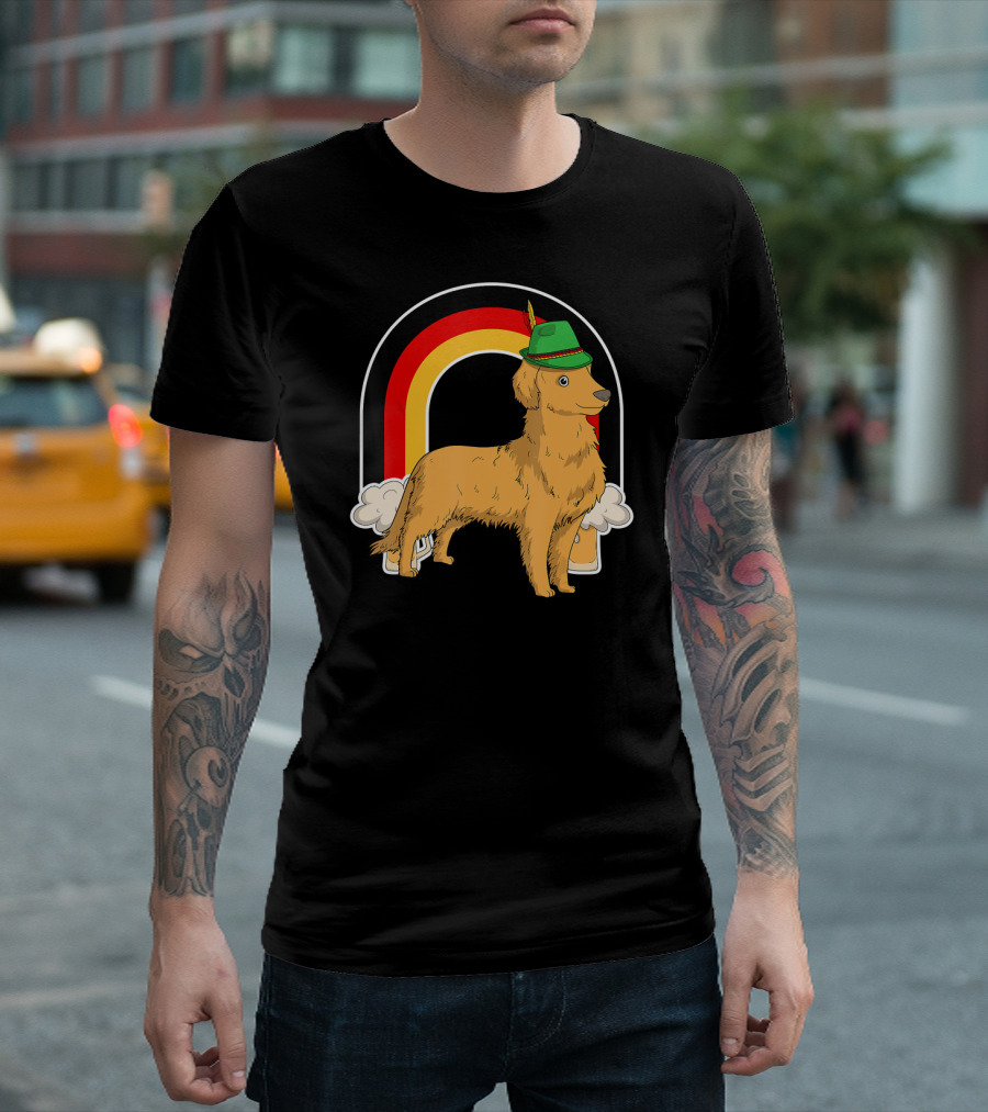 Golden Retriever Dog Beer Oktoberfest Pro with German Hat and Rainbow Background T-Shirt