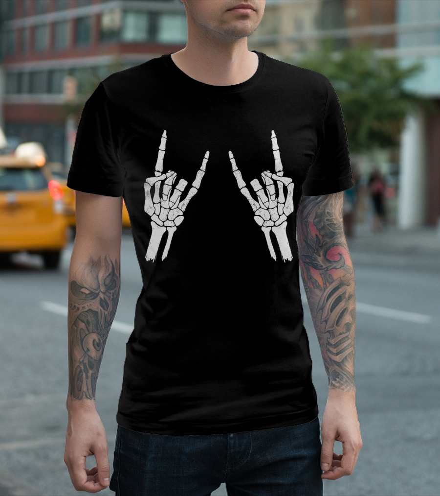 Halloween Skeleton Rocker Hand Gesture Bones T-Shirt