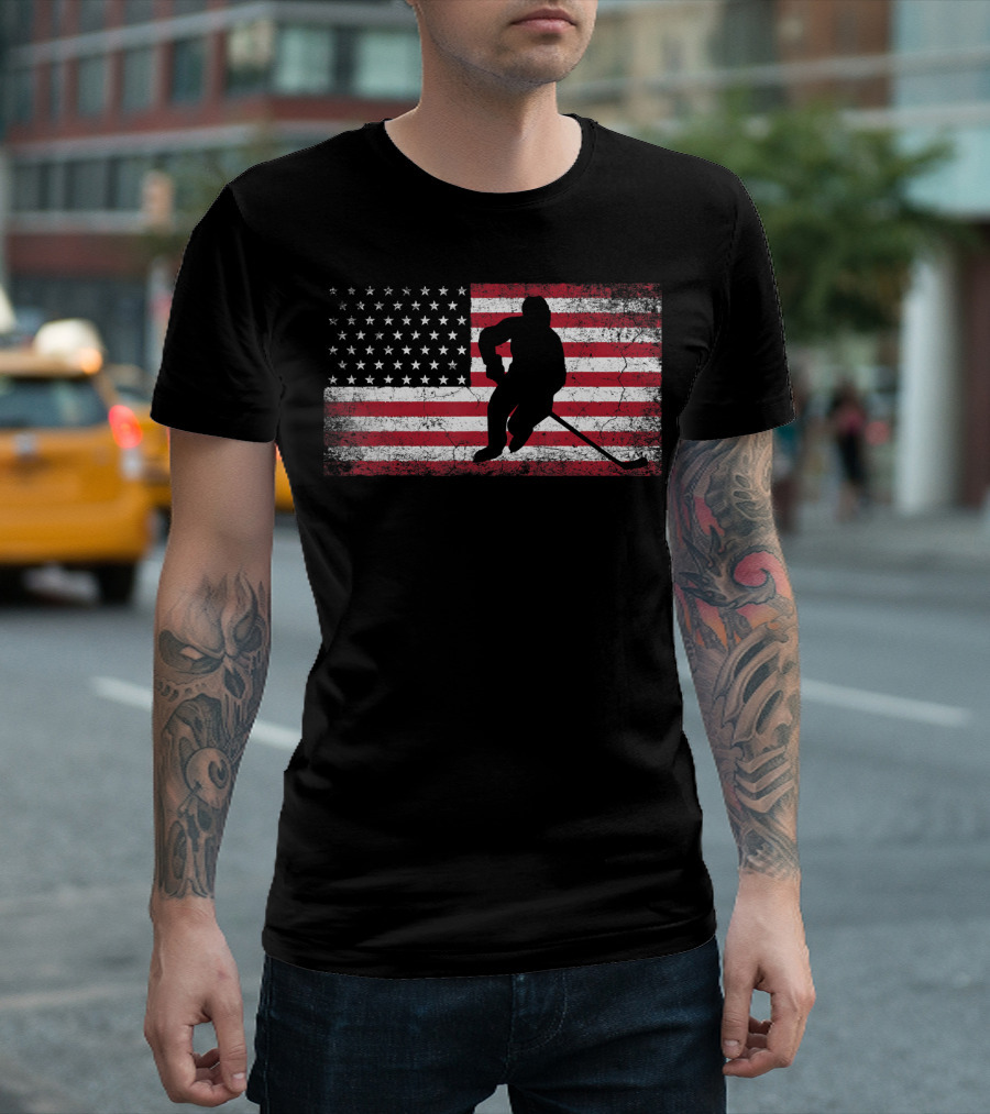Hockey Player Silhouette on American Flag 4th of July Patriotic T-Shirt