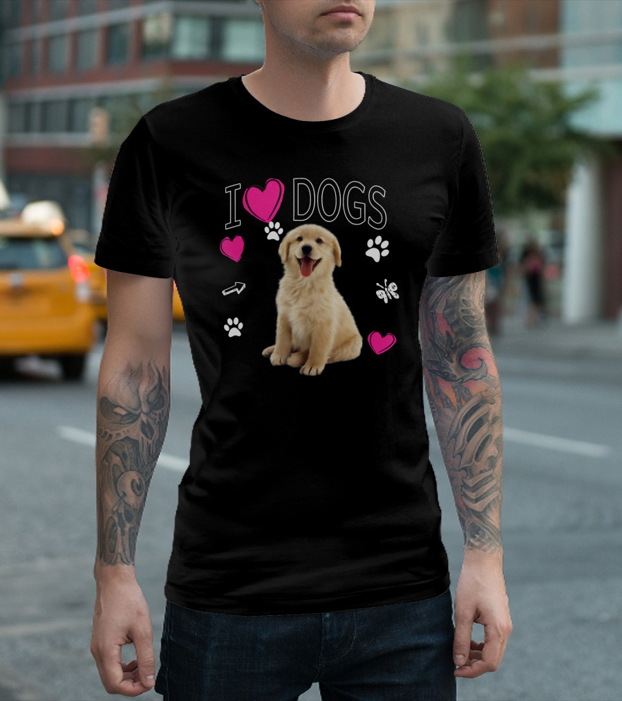I Love Dogs Golden Labrador Retriever Puppy with Hearts and Paw Prints T-Shirt