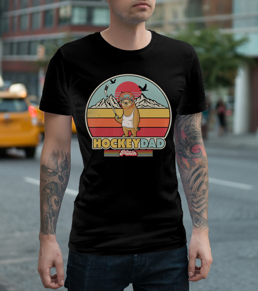 Hockey Dad Sloth Retro Style Punch Line Mountains T-Shirt