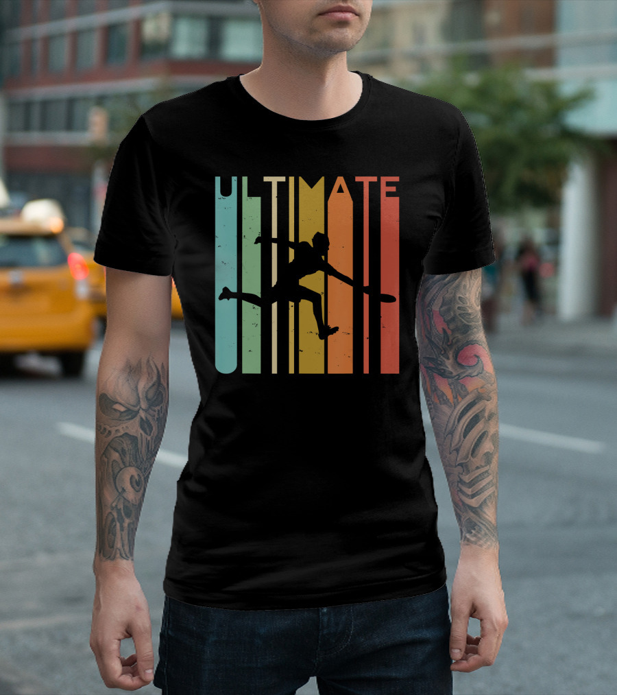 Ultimate Frisbee Retro Player Flying Silhouette Vintage Stripes T-Shirt