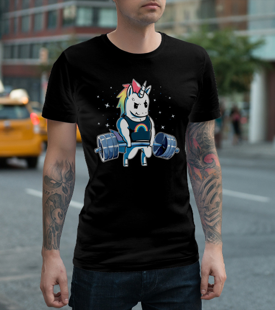 Unicorn Rainbow Deadlift Weightlifting Stars T-Shirt