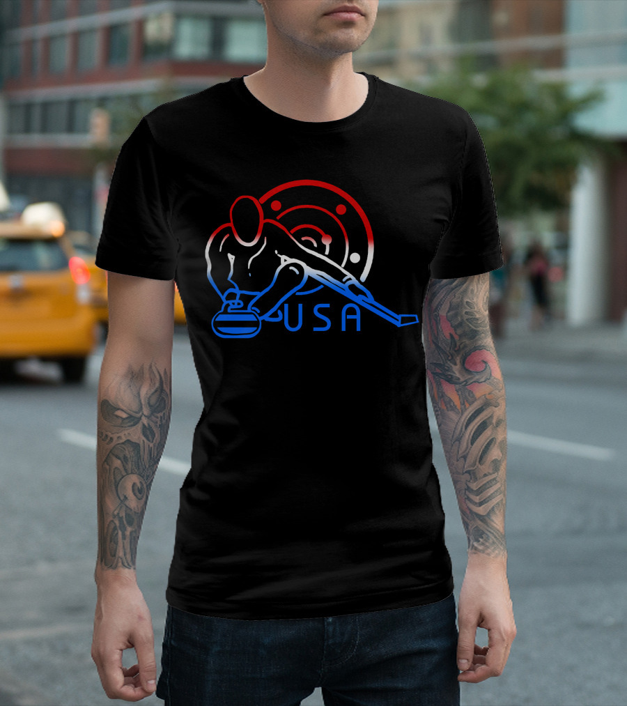 USA Curling Stone Player With Target In Red White And Blue T-Shirt